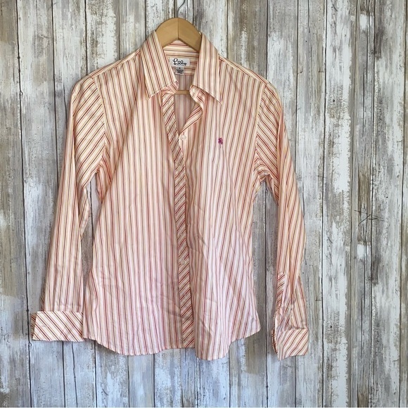 Lilly Pulitzer Tops - Lilly Pulitzer Pink & Orange Striped Embroidered Palm Tree Button Down